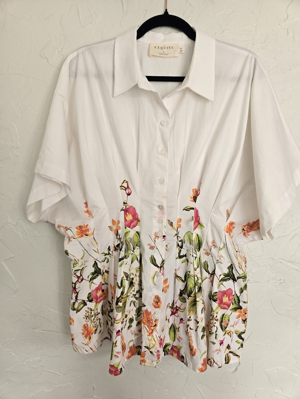 Anthro EXQUISE Pleated Floral Button Up White Pink Top, XL - Picture 3 of 11